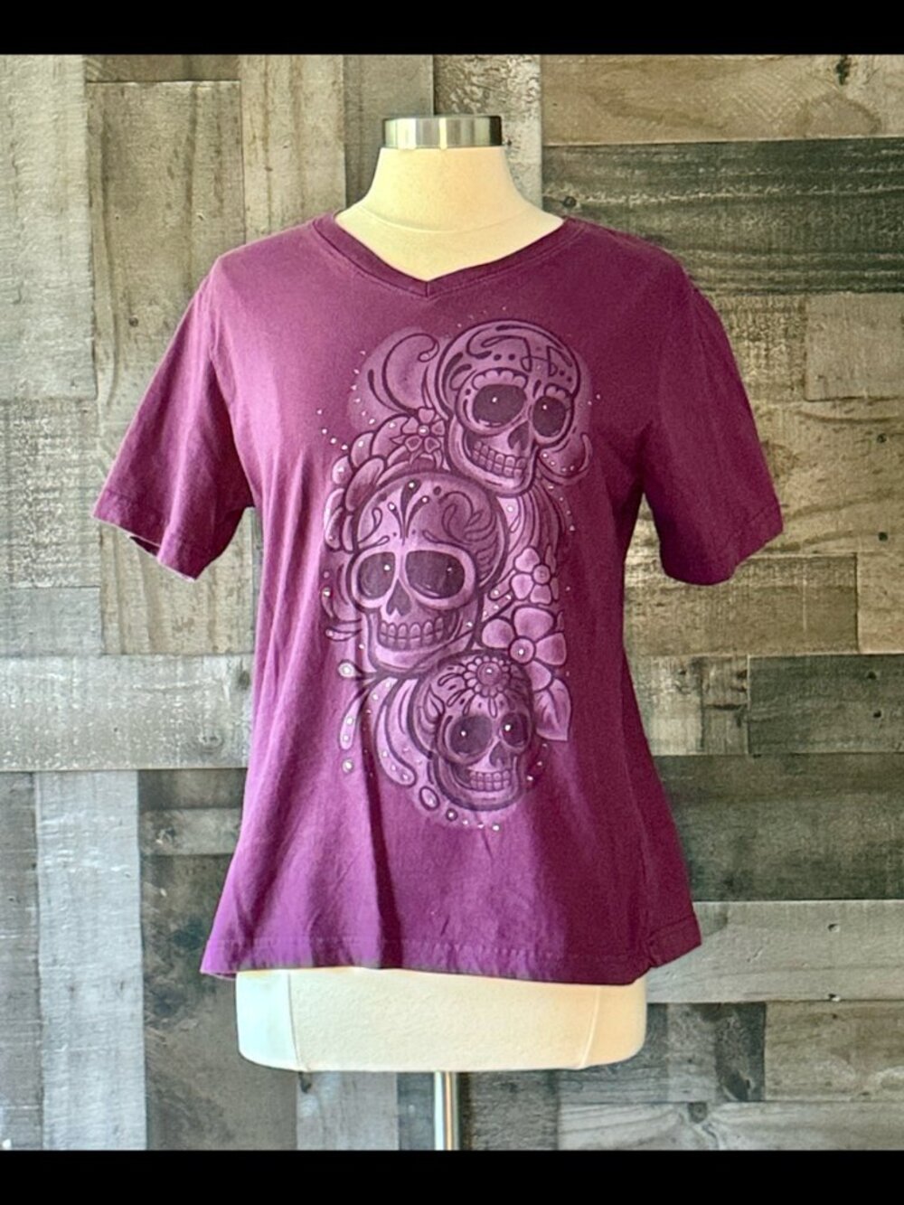 Purple sugar skull t-shirt large sparkly Dia De Los Muertos Day of the Dead